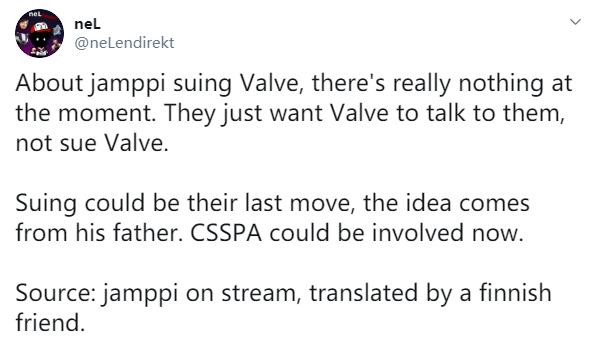 Jamppi：无意起诉V社，只是想要同V社谈谈