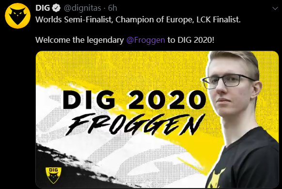 DIG官宣：中单选手Froggen加入队伍