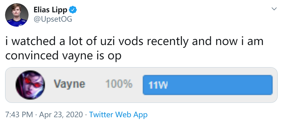 Upset：看了很多Uzi的视频 我现在薇恩100%胜率