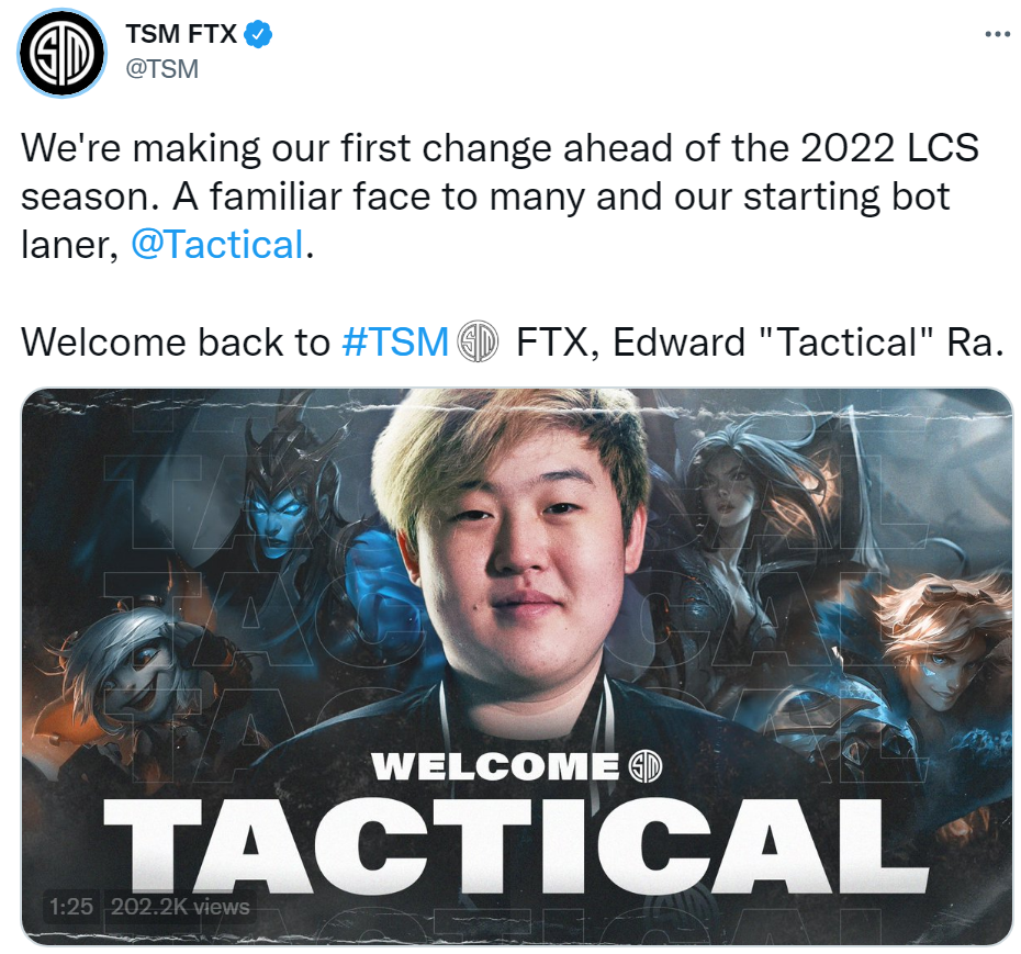 TSM官宣：原TL下路Tactical正式加入队伍