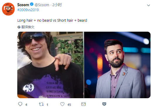 Scoom晒十年前照片：头发和胡子变化明显