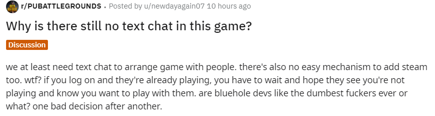 Reddit网友：蓝洞什么时候可以让玩家在大厅用文字信息交流？