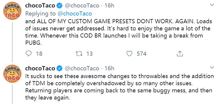 ChocoTaco：PUBG太糟糕了，要暂停直播这个游戏