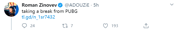 知名独联体选手ADOUZiE宣布暂别PUBG职业赛场