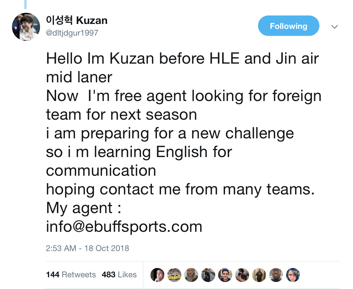 HLE战队前中单选手Kuzan更推：下赛季希望加入外国战队