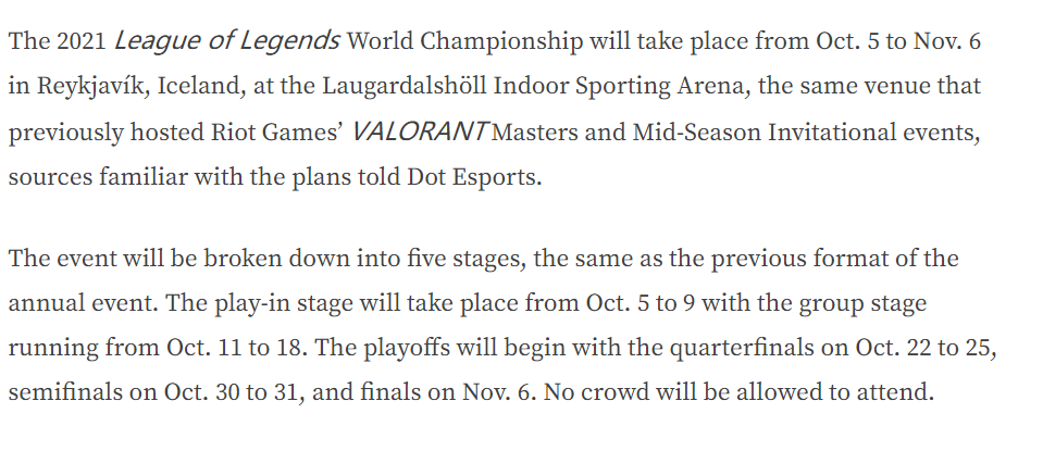 外媒：2021全球总决赛具体赛程出炉：11月6号总决赛