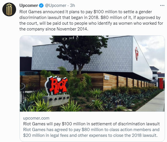 外媒：Riot Games计划支付1亿美元进行和解